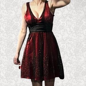 Vintage Wine Red Gothic V-Neck Mini Party Dress w/ Mesh Lace Overlay